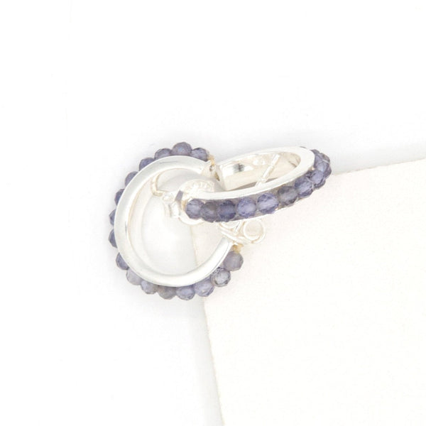 Fair trade iolite stone sterling silver hoops styled as a gift, ethically made by women artisans