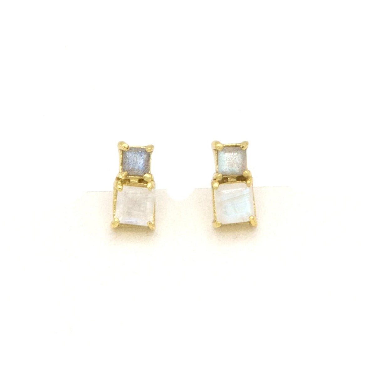 Stacked Box Stone Stud Earrings in gold-plated recycled brass with moonstone and labradorite stones by Fair Anita