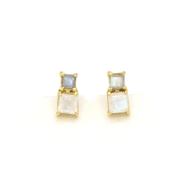 Stacked Box Stone Stud Earrings in gold-plated recycled brass with moonstone and labradorite stones by Fair Anita