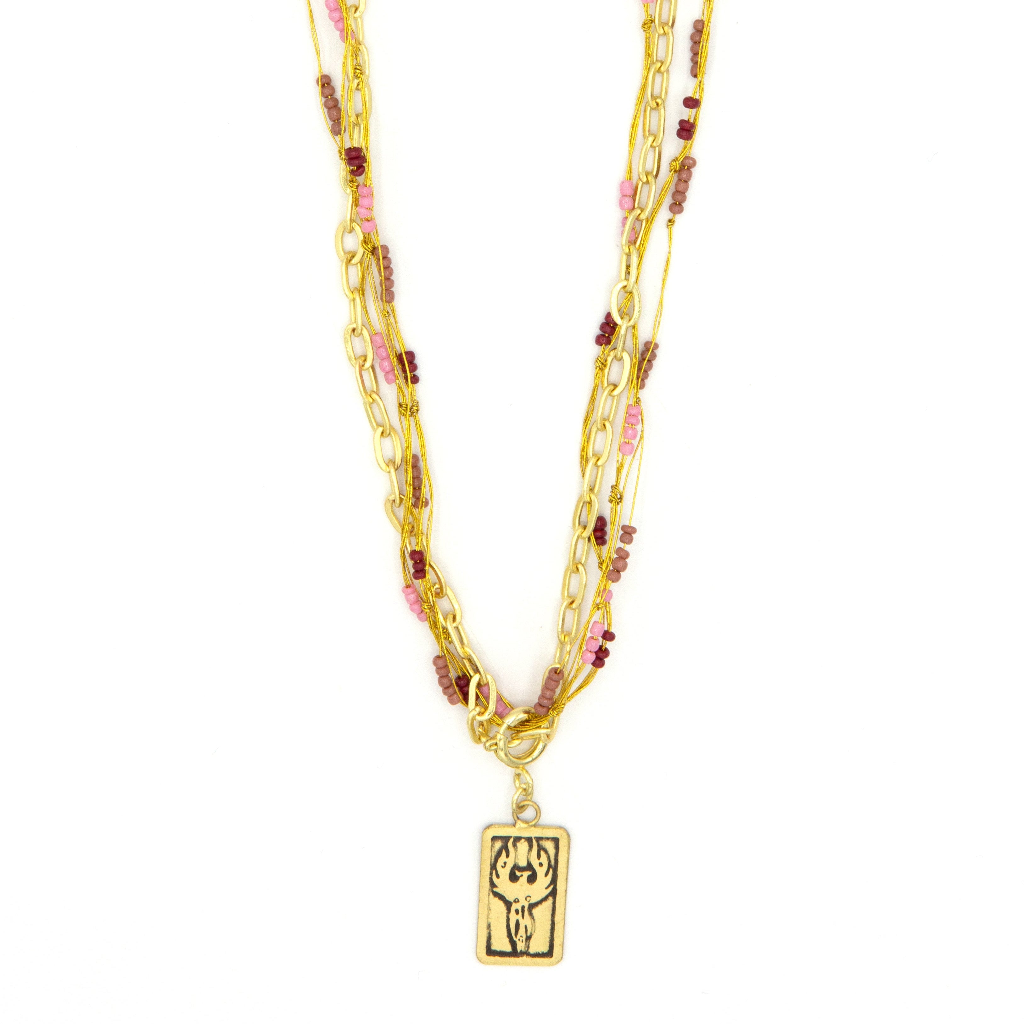 Reborn Phoenix Cluster Necklace in recycled brass and glass beads, full view on model