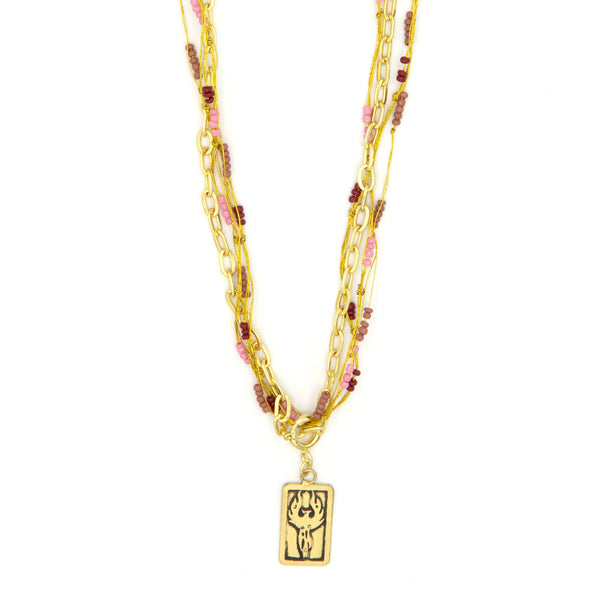 Reborn Phoenix Cluster Necklace in recycled brass and glass beads, full view on model