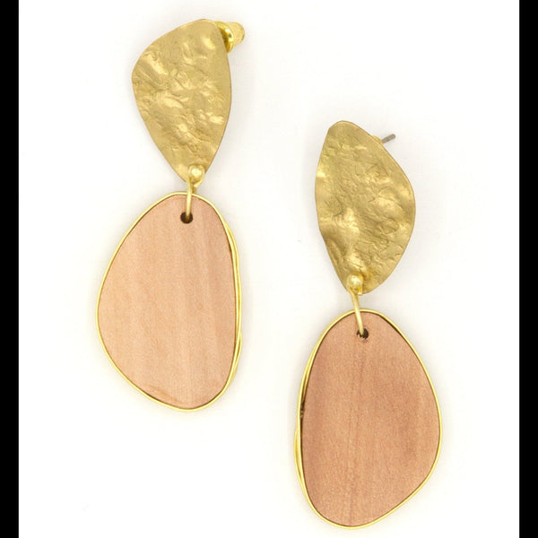Fair Anita mod wood drop earrings made from upcycled brass and reclaimed wood, nickel-free ethical jewelry