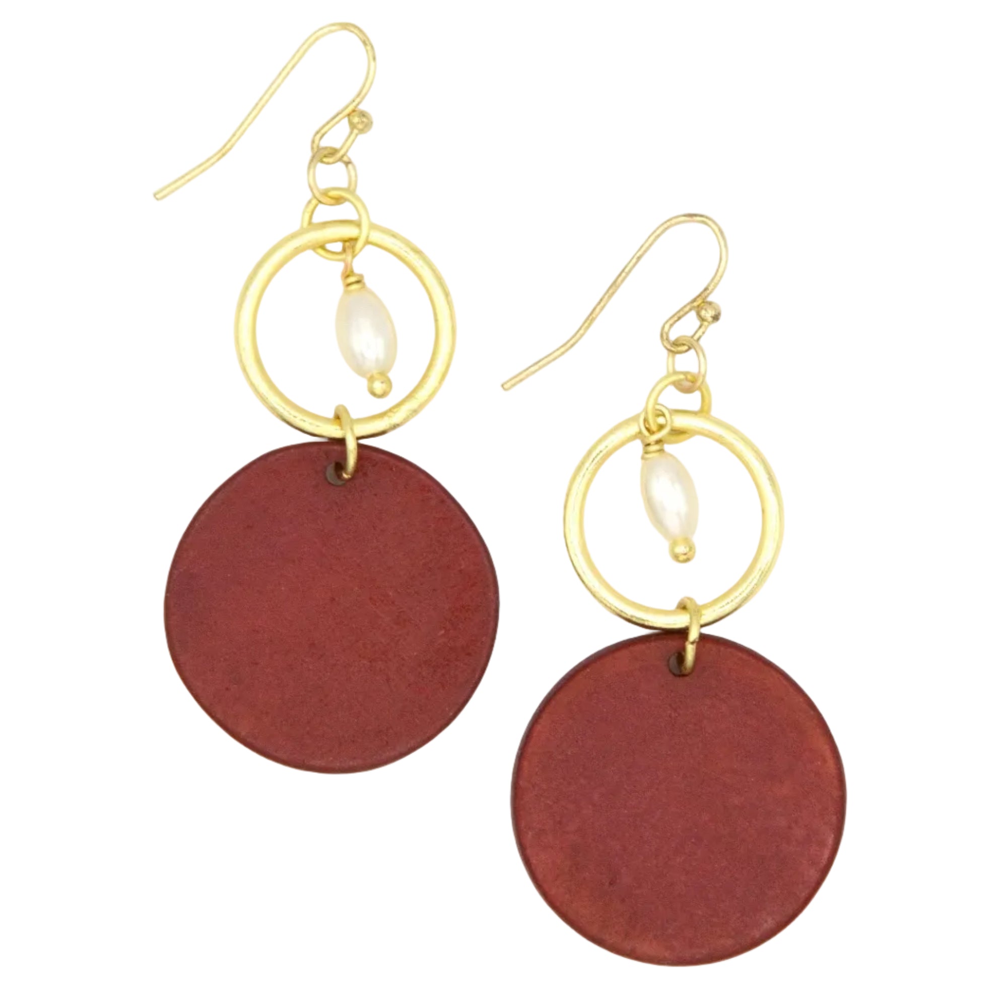 Maroon and gold upcycled bone earrings handmade by Fair Anita artisans in India, nickel-free, 2.25 inches long