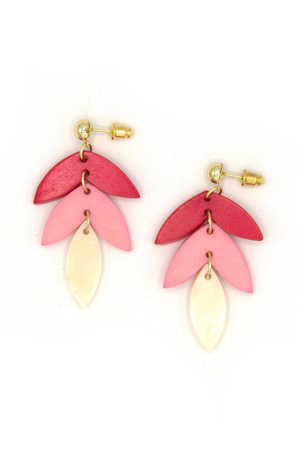 Pink Caladium Bone Earrings made from upcycled animal bone and recycled brass, handcrafted in India by Fair Anita