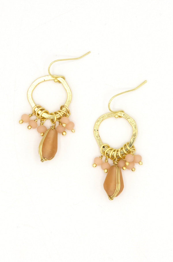Blush and Brass Chandelier Loop Earrings made from recycled brass and blush glass beads, handcrafted by women artisans in India