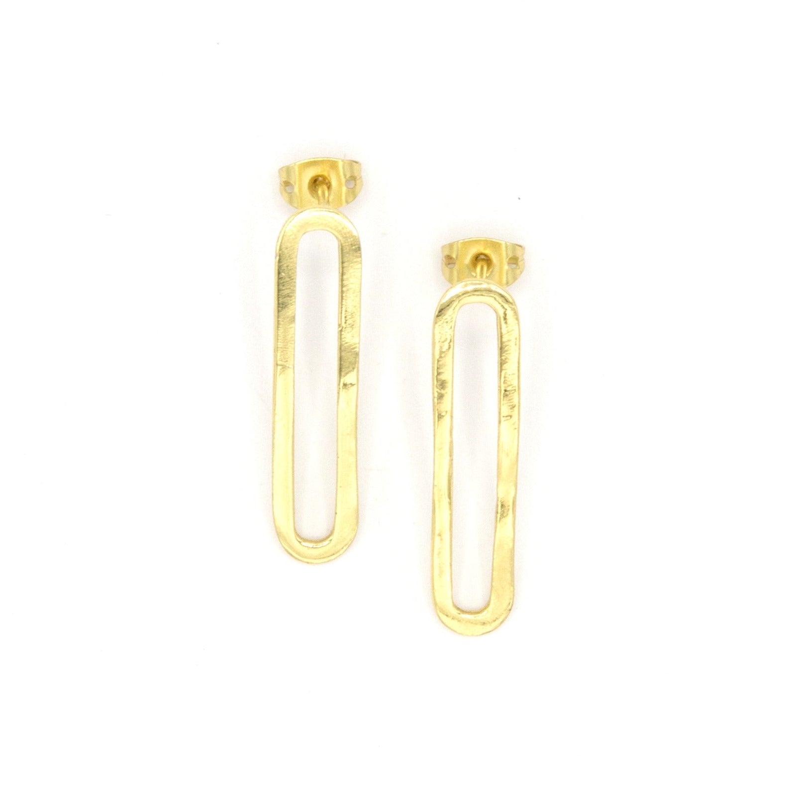 Elongated loop gold-plated recycled brass stud earrings, nickel-free, handcrafted by women artisans in India for Fair Anita