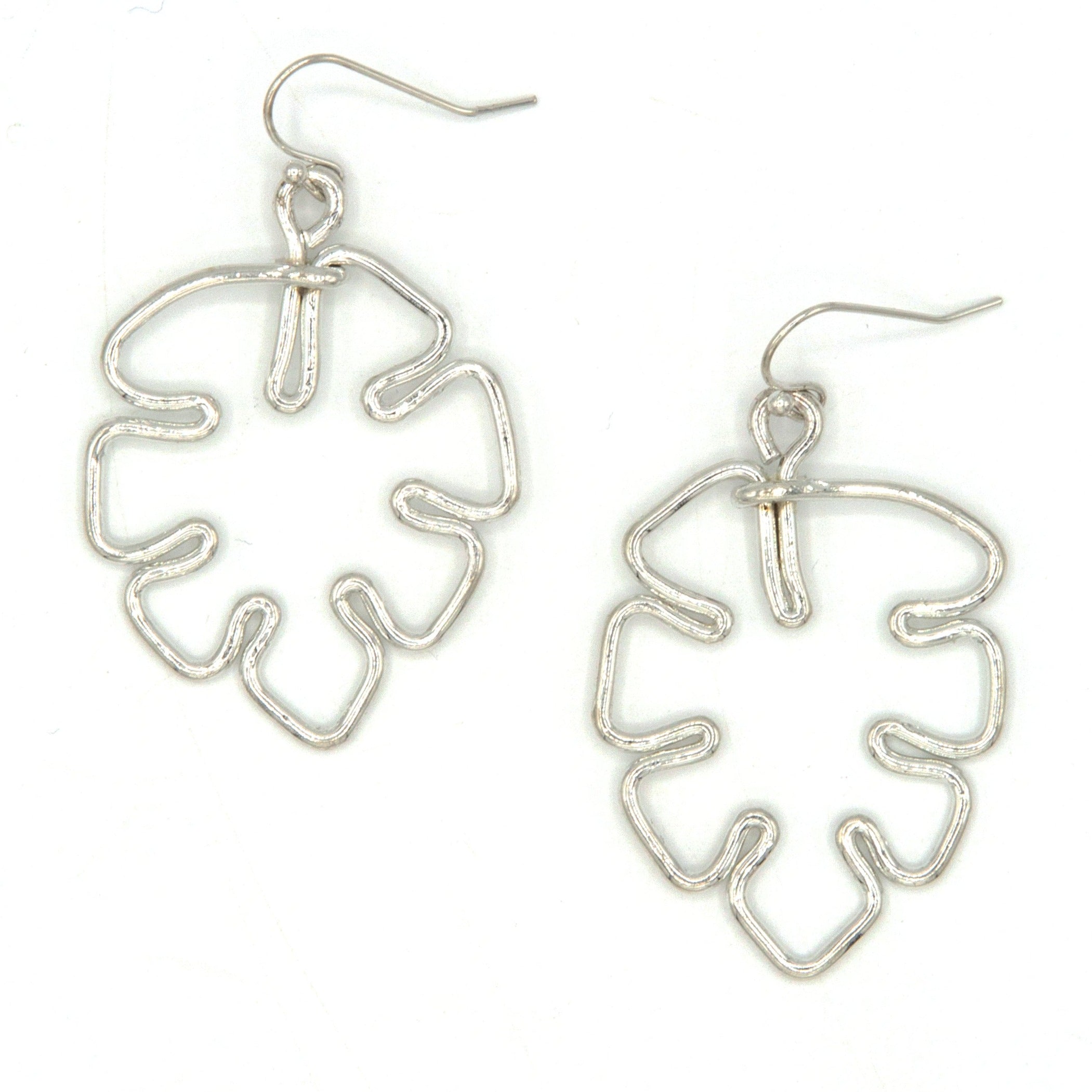 Fair Anita Monstera Continuous Line Art Earrings in silver-plated recycled metal, nickel-free, 2 inch drop