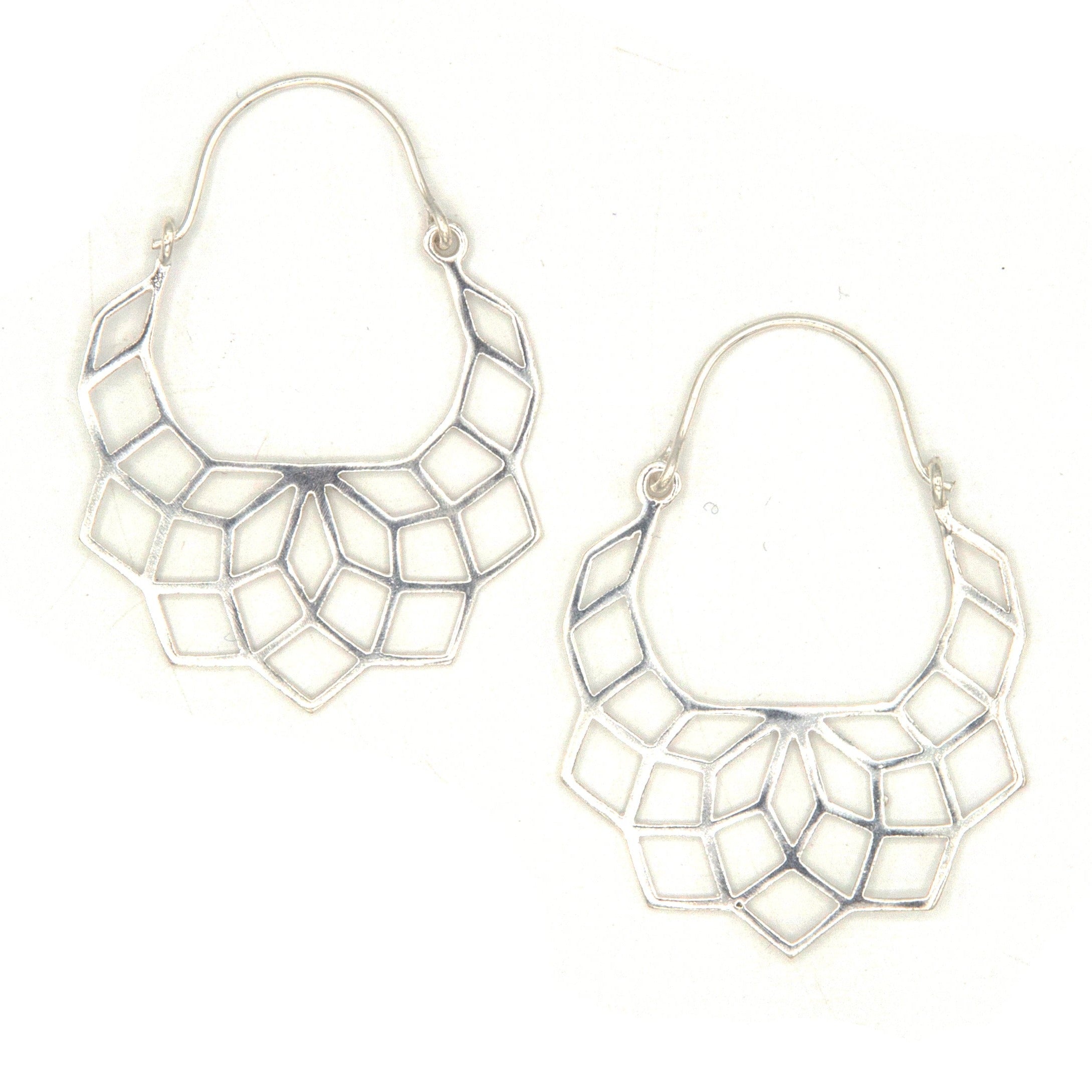Geometric lattice hoop earrings in silver-plated recycled metal, handcrafted in India by Fair Anita artisans