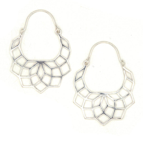Geometric lattice hoop earrings in silver-plated recycled metal, handcrafted in India by Fair Anita artisans