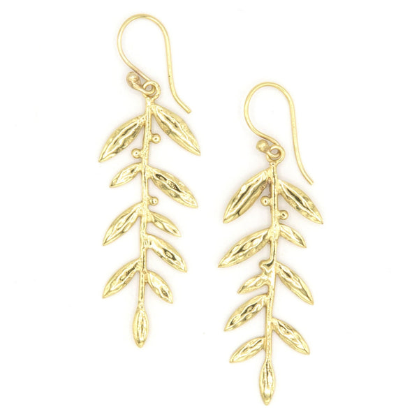 Luxe Leaf Drop Earrings in recycled brass by Fair Anita – nature-inspired golden drop earrings