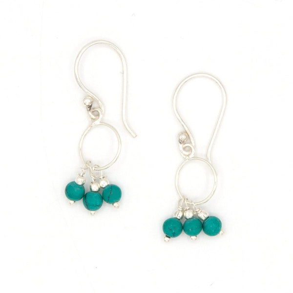 Petite turquoise dangle earrings in silver-plated recycled metal, nickel-free, handcrafted by women artisans in India for Fair Anita