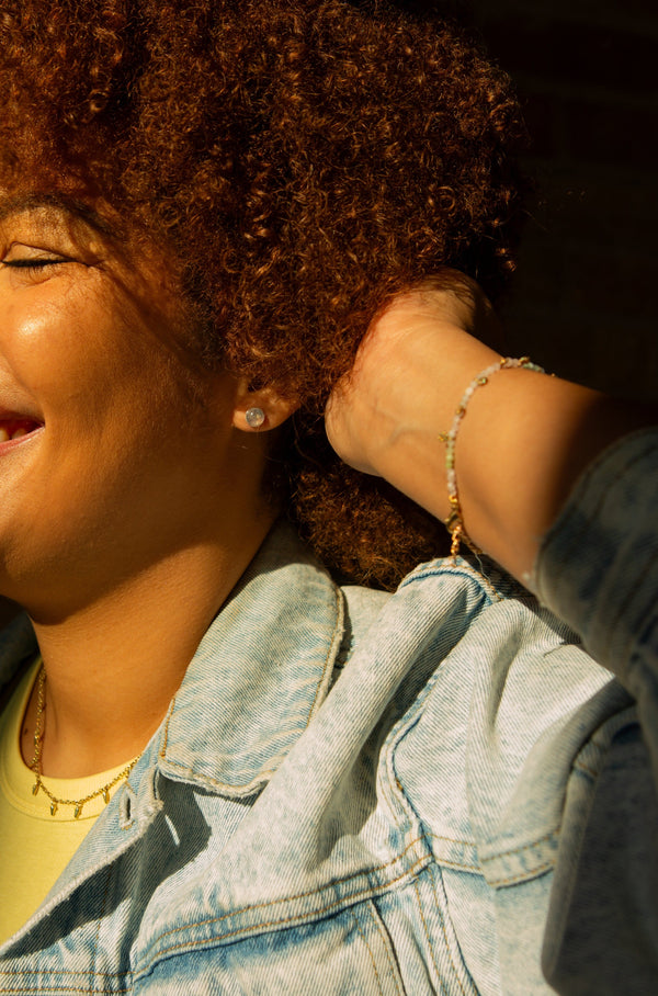 Close-up of Fair Anita Laugh in Flowers nickel-free brass and stone bracelet