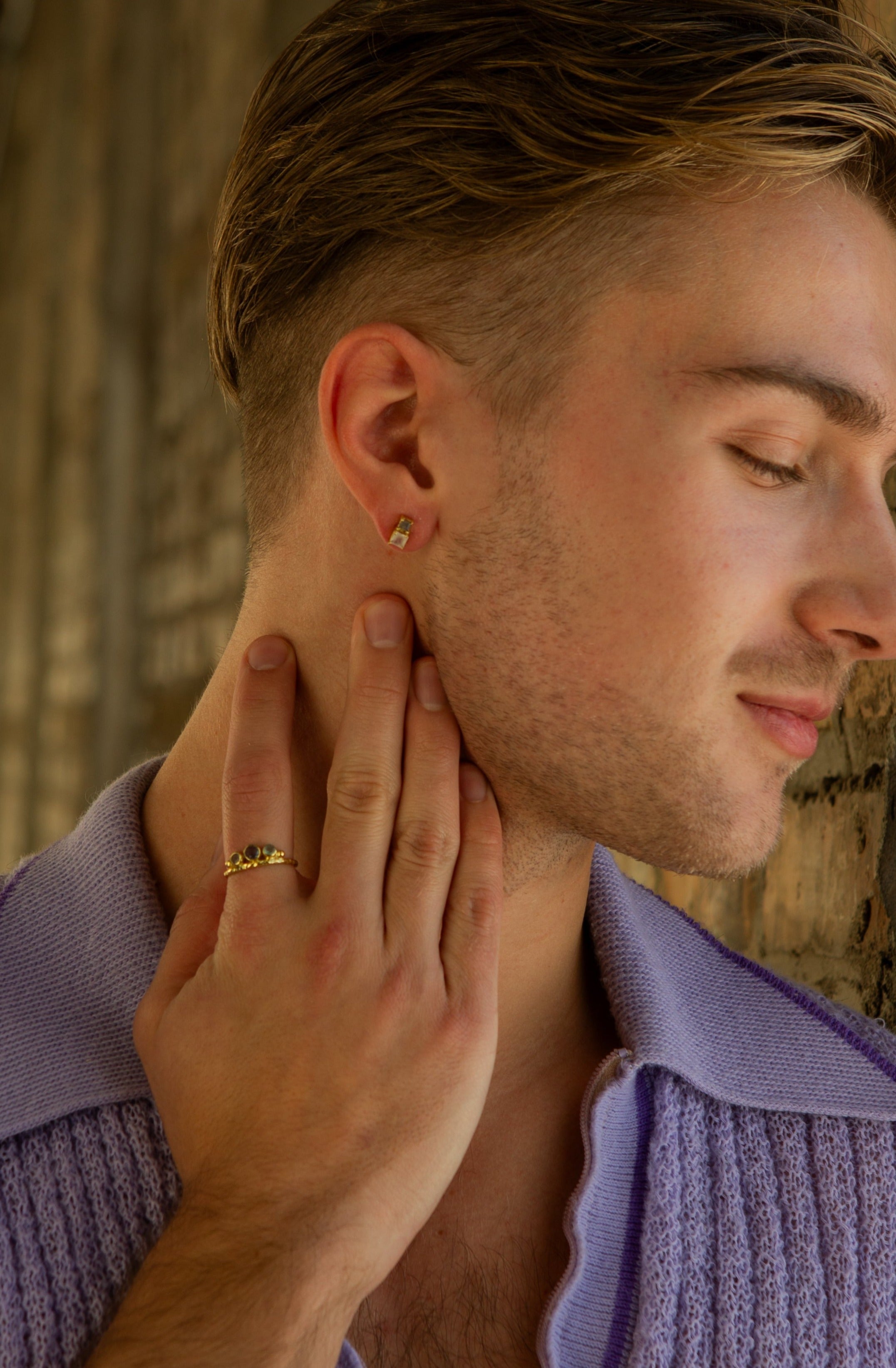 Close-up of Fair Anita Stacked Box Stone Stud Earrings featuring semi-precious moonstone and labradorite stones