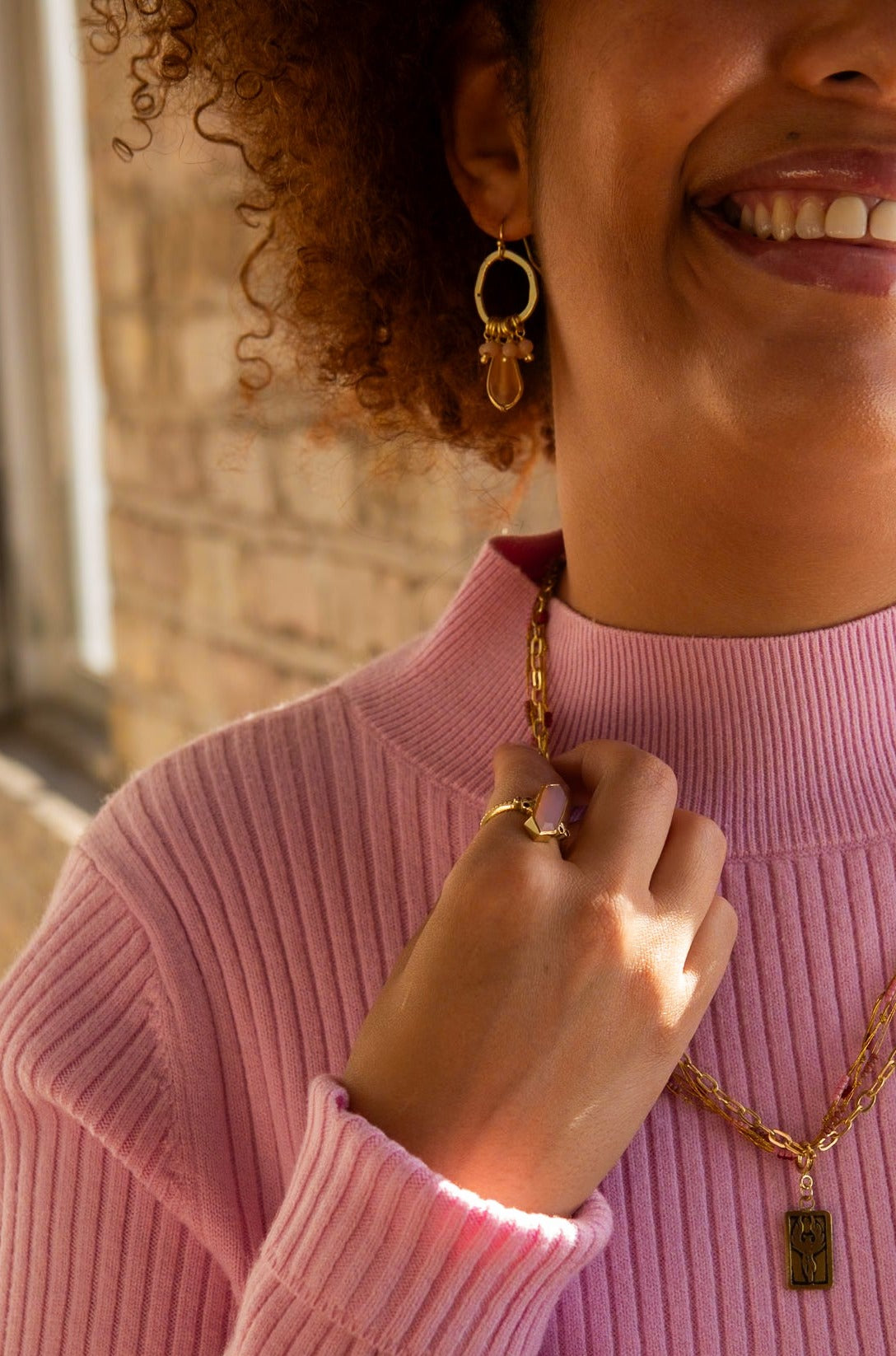 Close-up of nickel-free Blush and Brass Chandelier Loop Earrings showing recycled brass and blush glass detail, 1.75 inches long