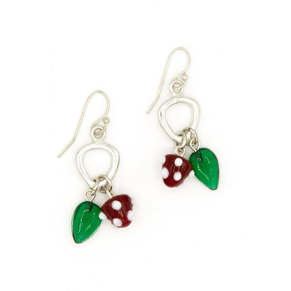 Strawberry glass charm earrings made from upcycled silver-plated metal and glass by Fair Anita