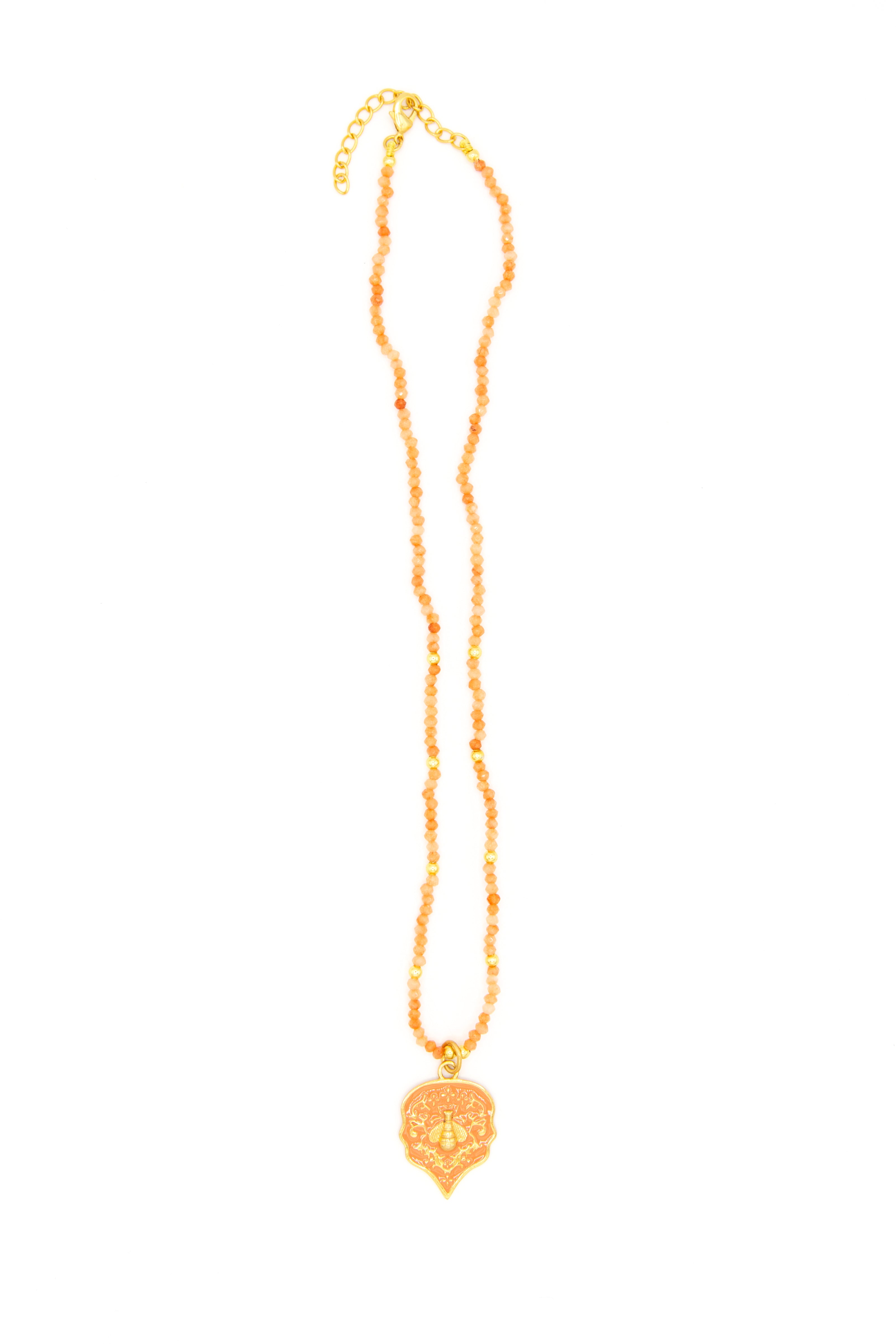 Save the Bees necklace styled and layered with other necklaces, showing 18 inch adjustable chain length