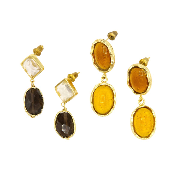 Retro Glitz Stud Earrings in warm gold-plated recycled brass with recycled glass detail by Fair Anita