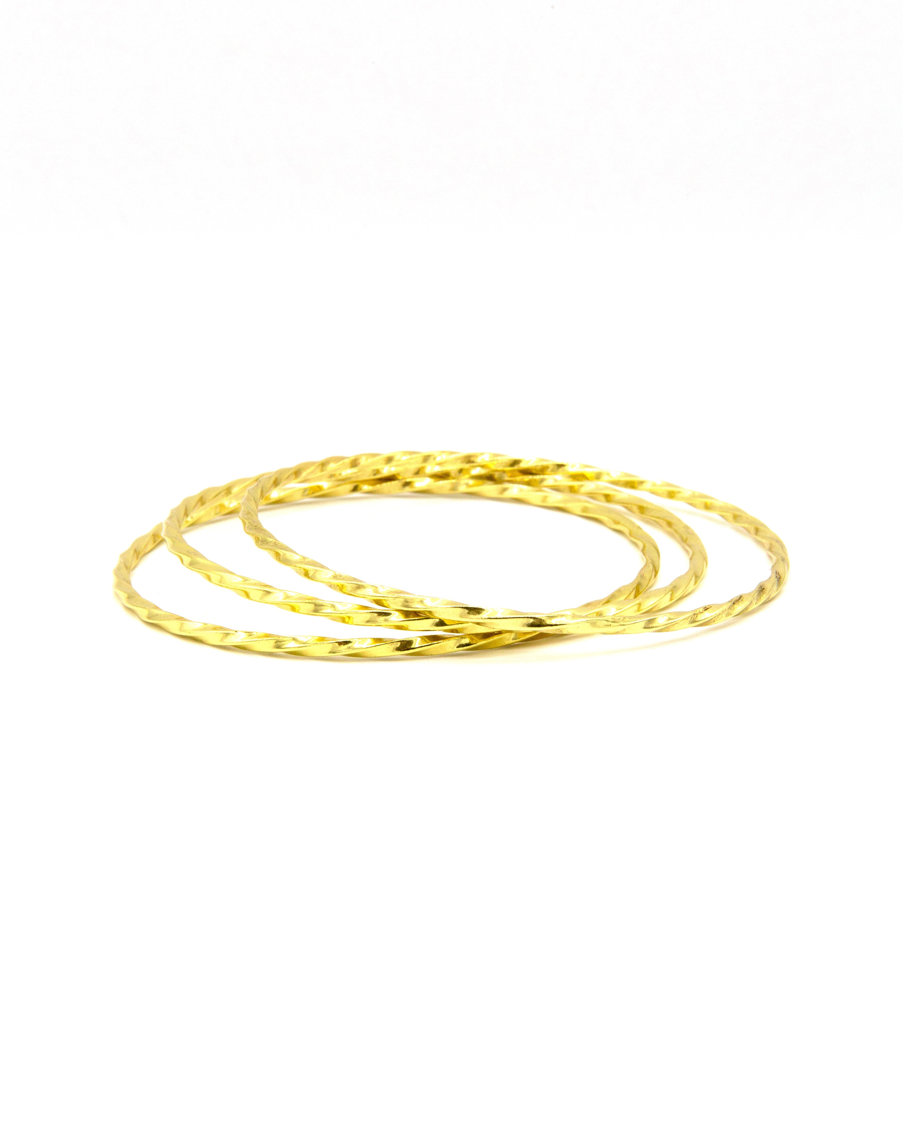 Fair Anita Twist Bangle Set – set of three brass-plated recycled metal bangles with twisted texture design