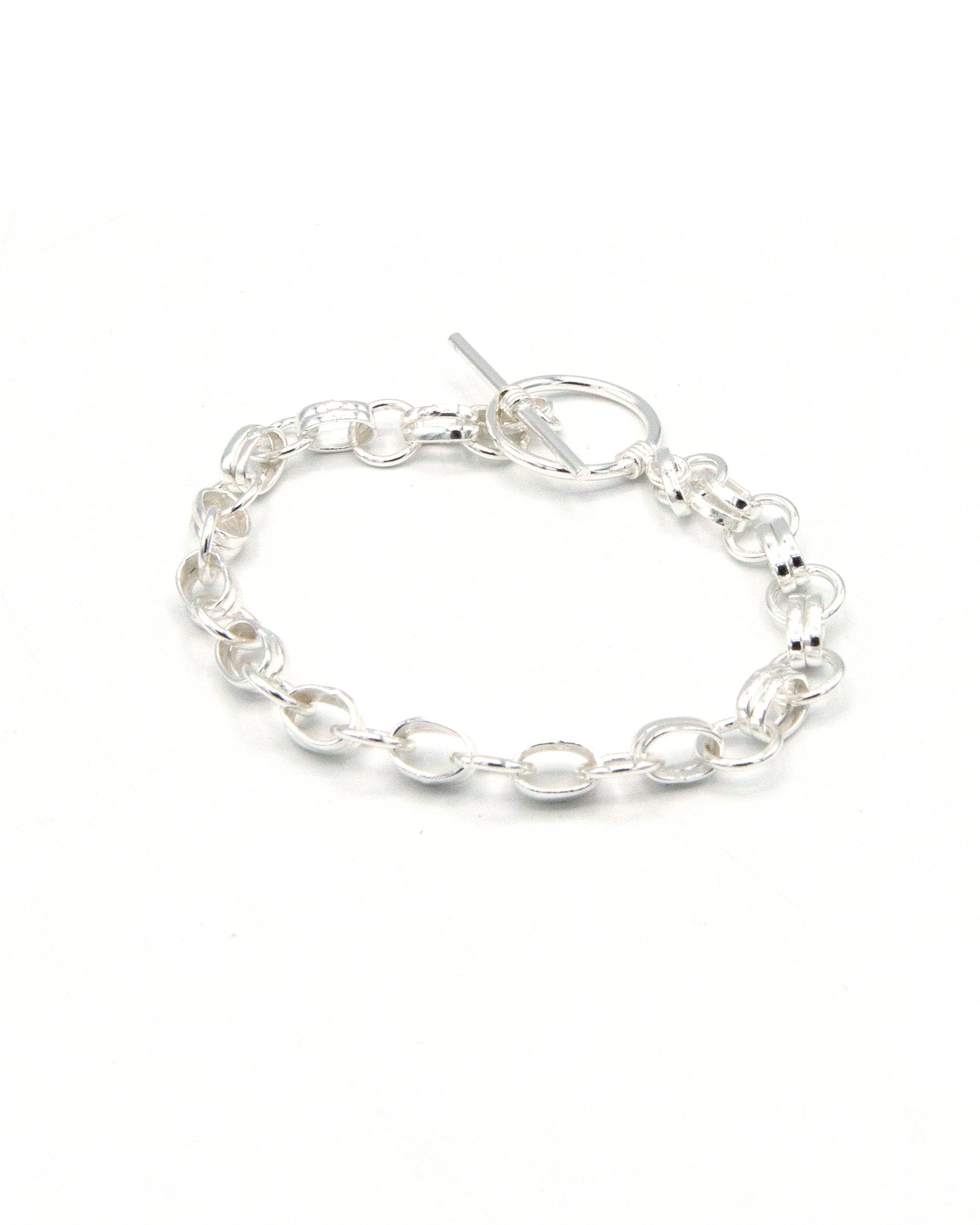 Handcrafted interconnected silver toggle bracelet made from recycled metals by Fair Anita artisans