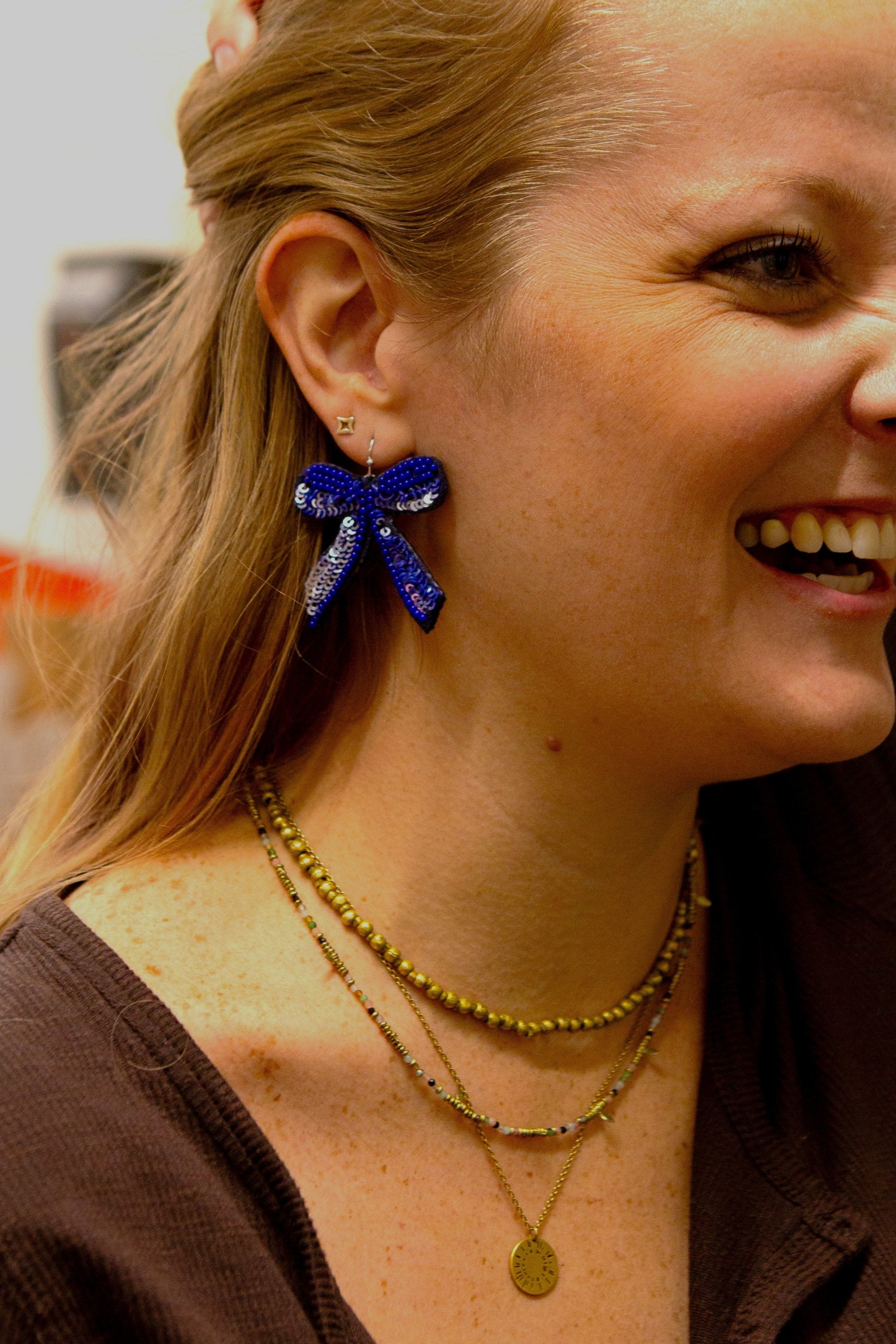 Beaded Bow Earrings – Handmade Glass & Sequin Drop Earrings