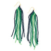 Fair trade beaded drop earrings styled on a model, showing full 4.25 inch length