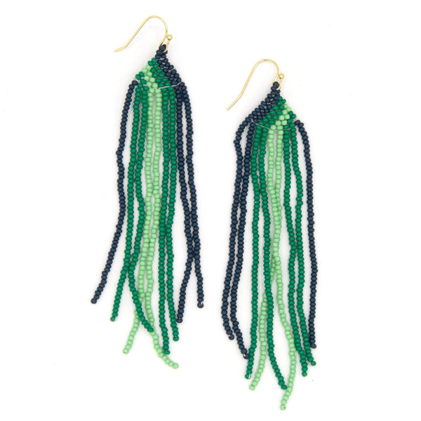 Fair trade beaded drop earrings styled on a model, showing full 4.25 inch length