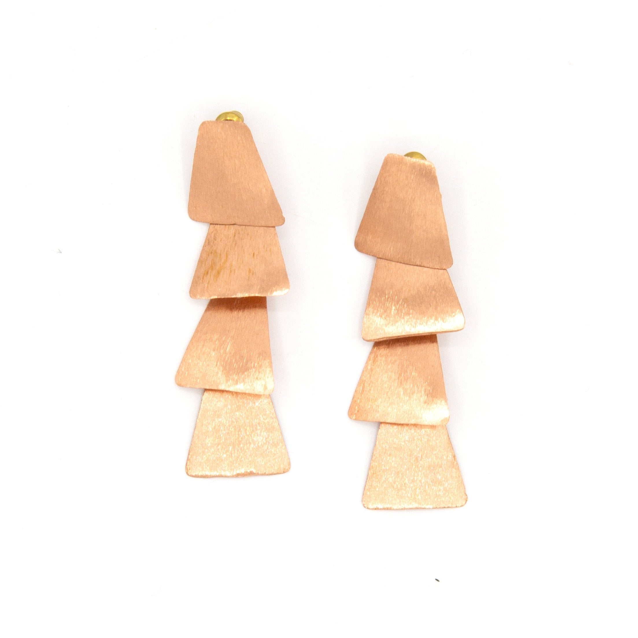 Side view of fair trade nickel-free brass drop earrings with stud post fastening