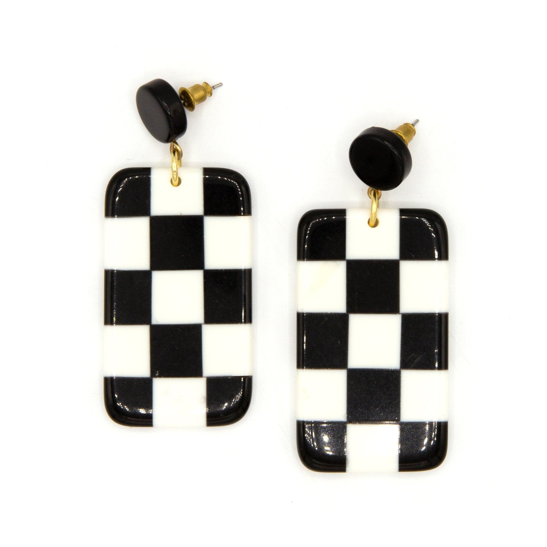Black and white checkered resin drop earrings handcrafted by Fair Anita fair trade artisans