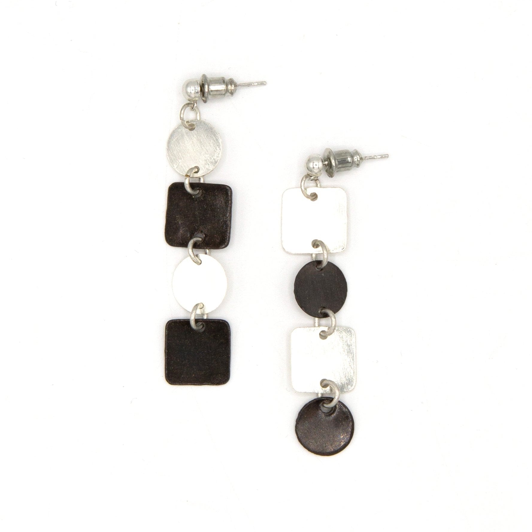 Square the Circle mismatched geometric drop earrings in black and silver recycled metal by Fair Anita