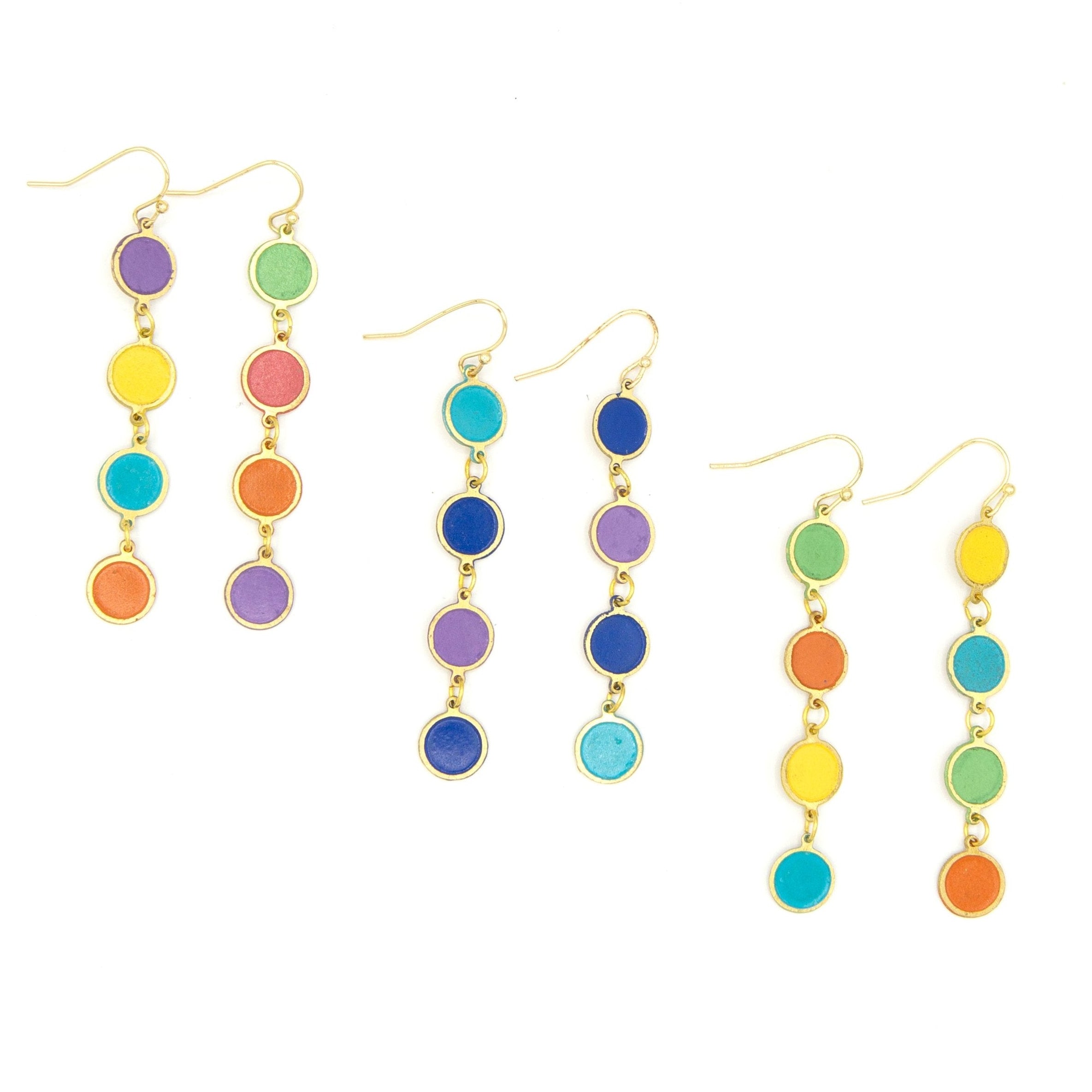 Color Study Enamel Earrings with vibrant enamel circles in gold-tone frames by Fair Anita