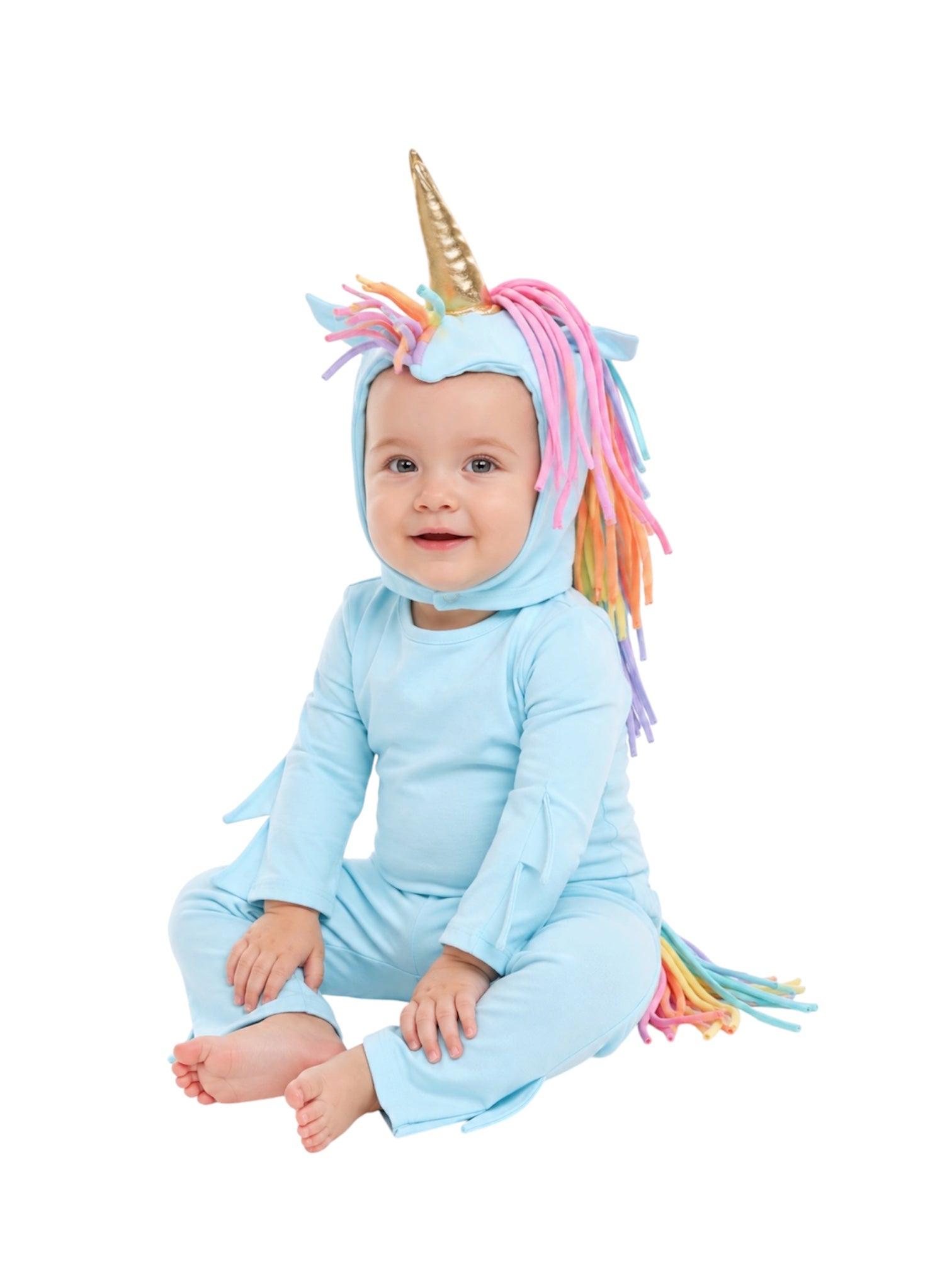 Baby Blue Unicorn Halloween Costume in sky blue with rainbow mane and unicorn ears