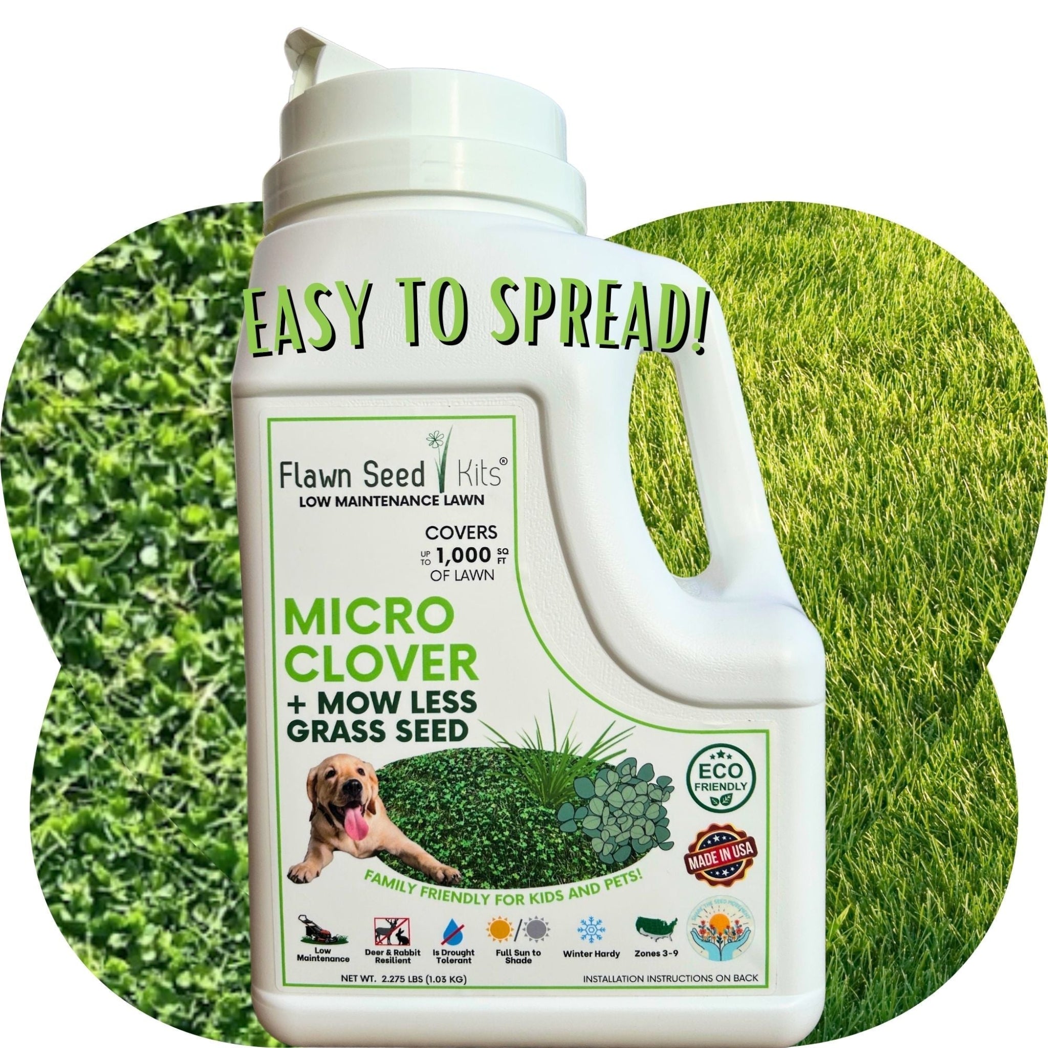 Flawn Seed Kit bottle with grass seed packaging on a green grass background. Create a low-maintenance, eco-friendly lawn with our Micro Clover + Mow Less seed blend. This kid and pet friendly mix of Micro Clover and fine fescue grass reduces watering and mowing while naturally fertilizing your yard.