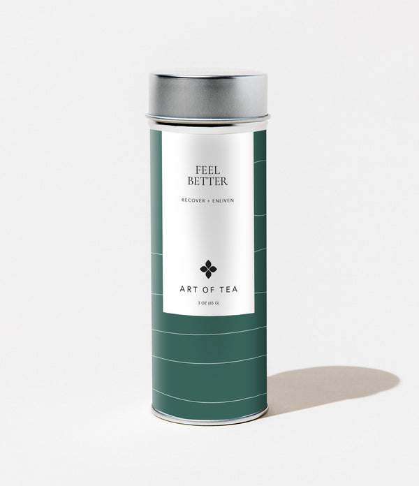 Art of Tea Feel Better Blend brewed herbal tea in a glass – citrus and spice flavour