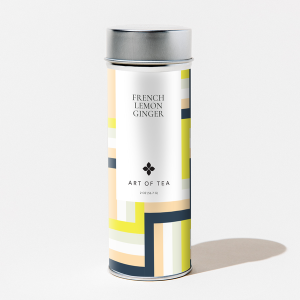 Art of Tea French Lemon Ginger loose leaf herbal tea in a geometric-design canister on a white background