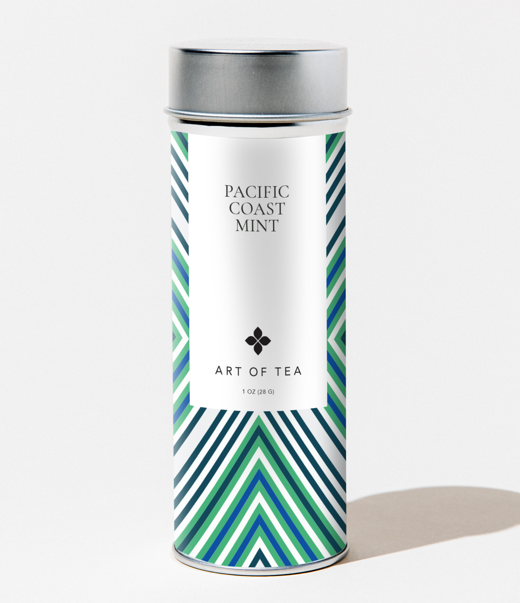 Art of Tea Pacific Coast Mint Tea canister with geometric label design on a white background