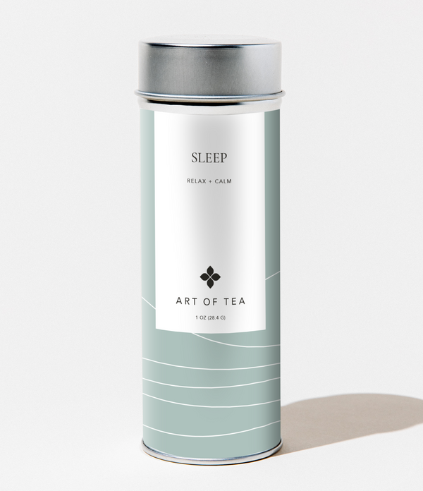 Art of Tea Sleep Blend herbal tea render showing packaging and brew