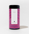A cylindrical canister of Art of Tea Velvet tea, featuring a black lid and base, and a white label in the center. The canister is decorated with a vibrant pink, purple, and blue wavy stripe pattern on the sides, set against a clean white background.