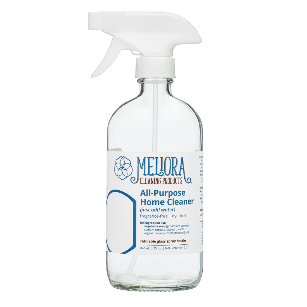 Reusable glass spray bottle with sprayer attachment for Meliora All-Purpose Home Cleaner