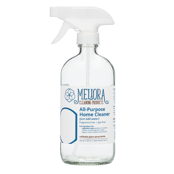 Reusable glass spray bottle with sprayer attachment for Meliora All-Purpose Home Cleaner