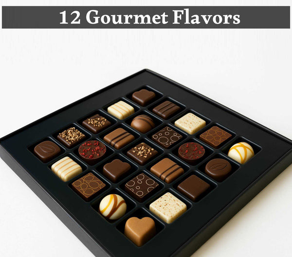 Assorted gourmet chocolates in a black box with '12 Gourmet Flavors' text above. Experience luxury with Andy Anand’s 25-piece Belgian Chocolate Truffle Gift Box. Handcrafted with 60% chocolate and cocoa butter, this Master Chef-curated assortment features 12 artisan flavors. The perfect gourmet gift for holidays, birthdays, and anniversaries!