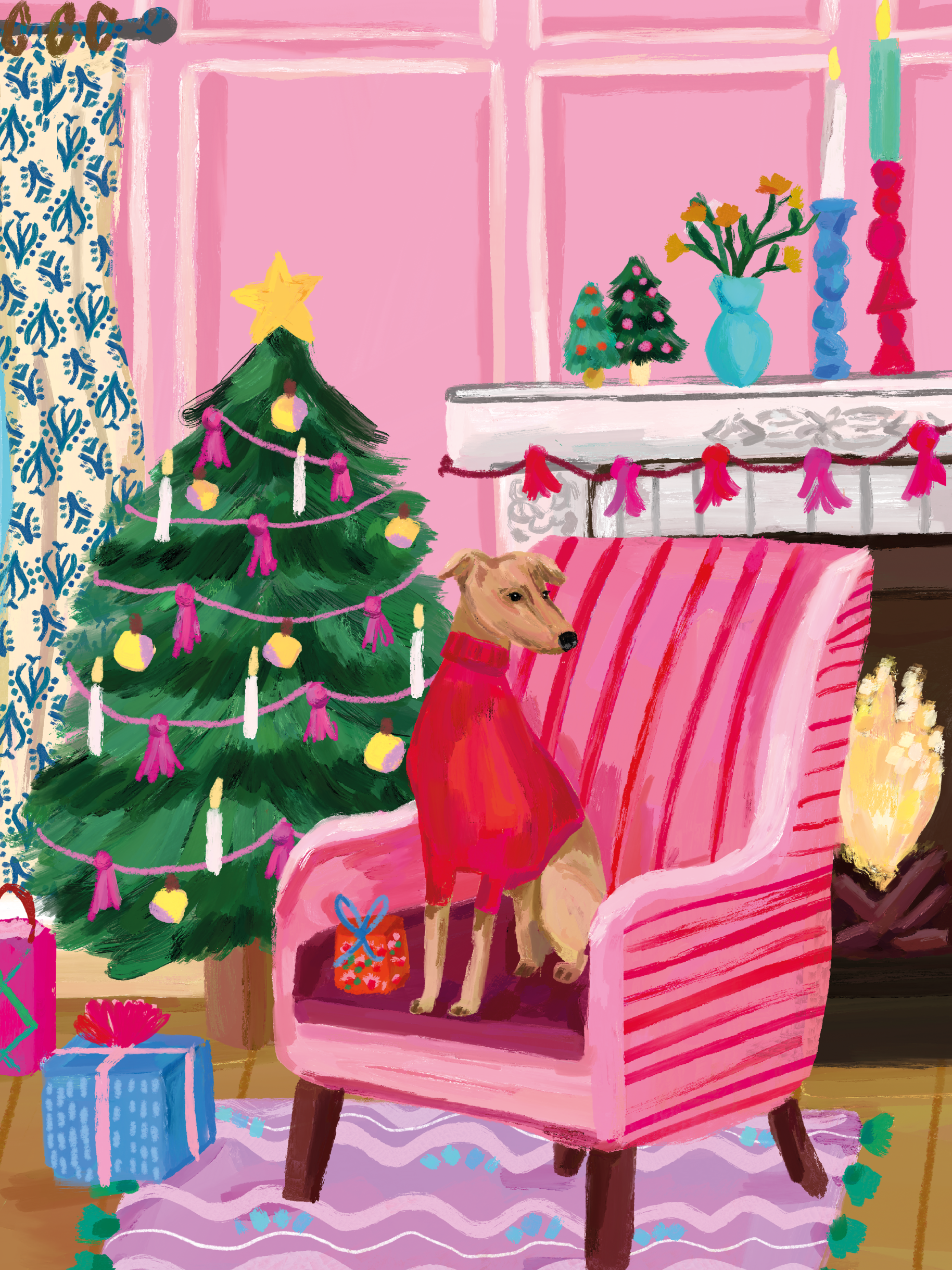 Illustration of a dog in a red sweater sitting on a pink chair next to a Christmas tree and fireplace.