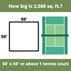 Diagram showing a 50' x 50' square and a tennis court layout with text indicating it is about 2,500 sq. ft.
