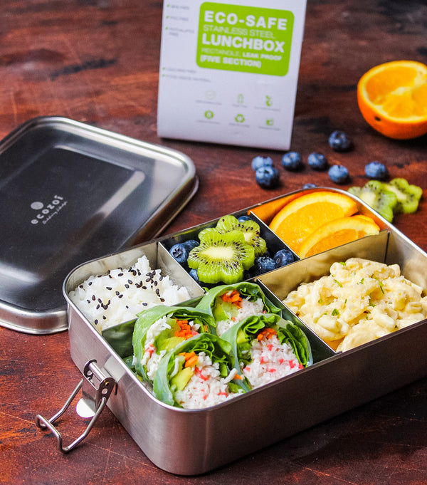 Overhead view of ecozoi stainless steel bento lunch box filled with balanced meal across five sections