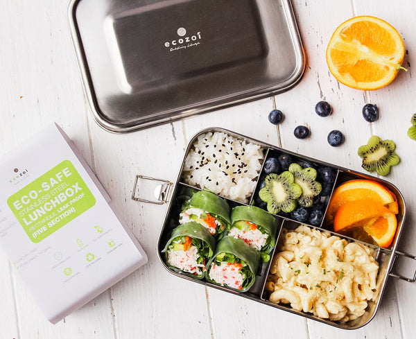 Side view of ecozoi leak-proof stainless steel lunch box with lid fastened, showing compact dimensions