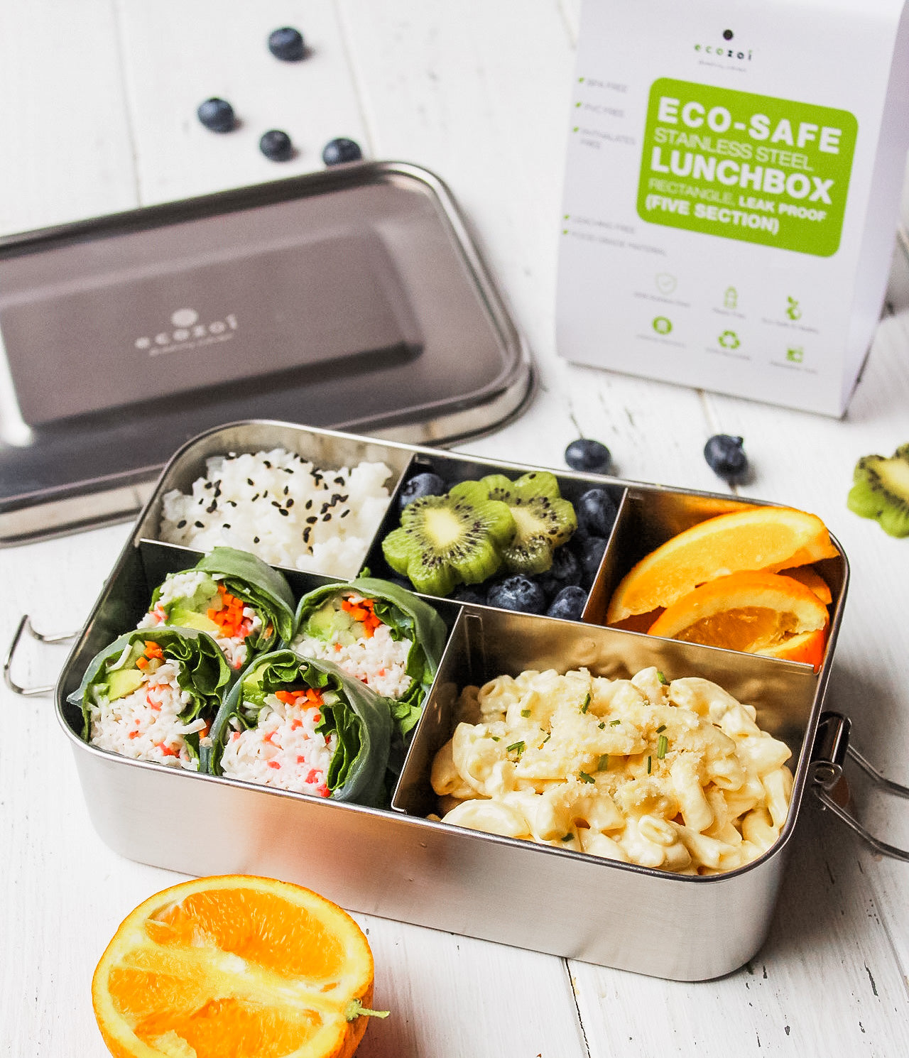 Ecozoi 5-compartment BPA-free stainless steel lunch box with eco-friendly zero-waste recyclable packaging