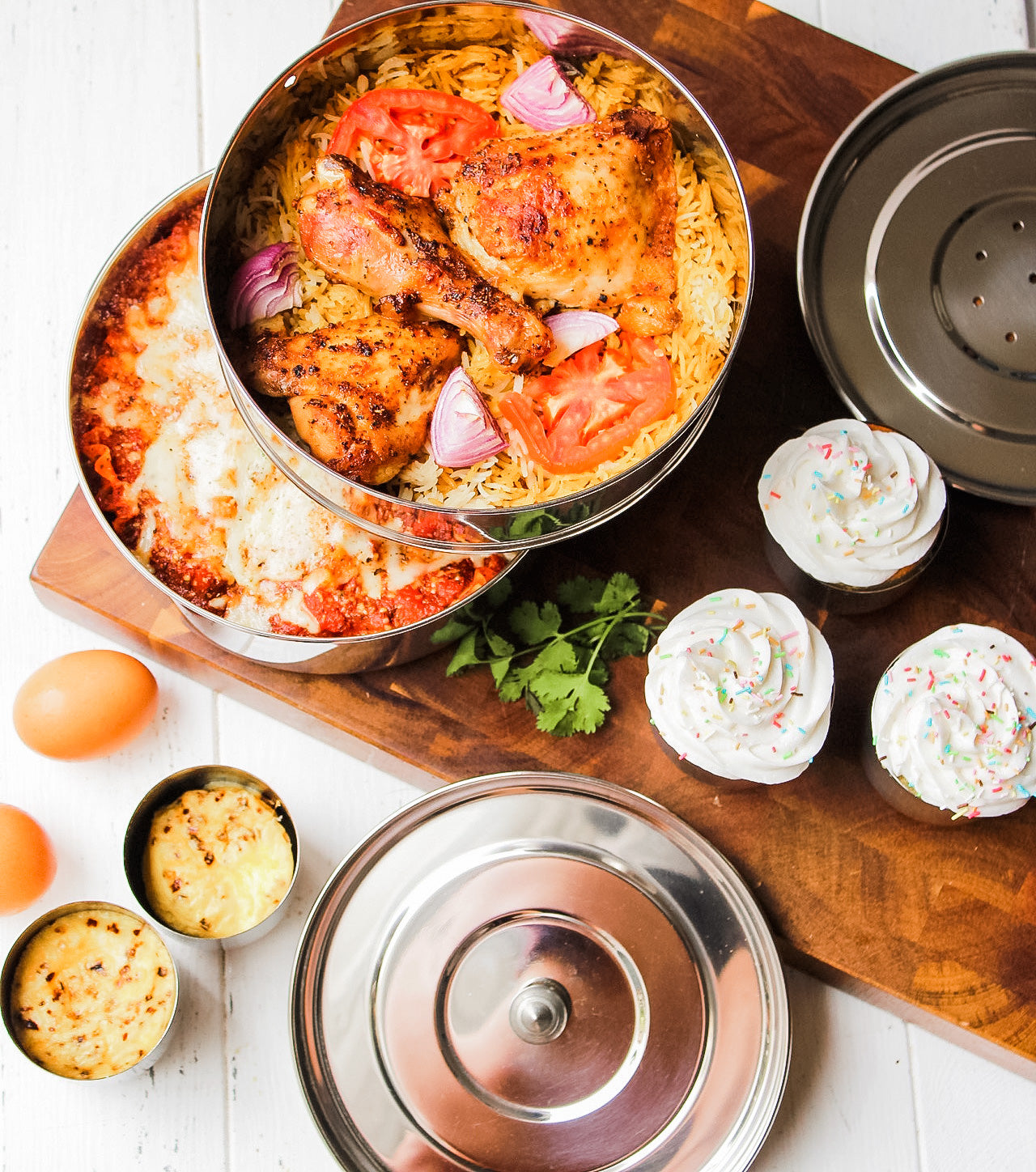 Ecozoi pressure cooker insert pans with mini baking cups and interchangeable lids