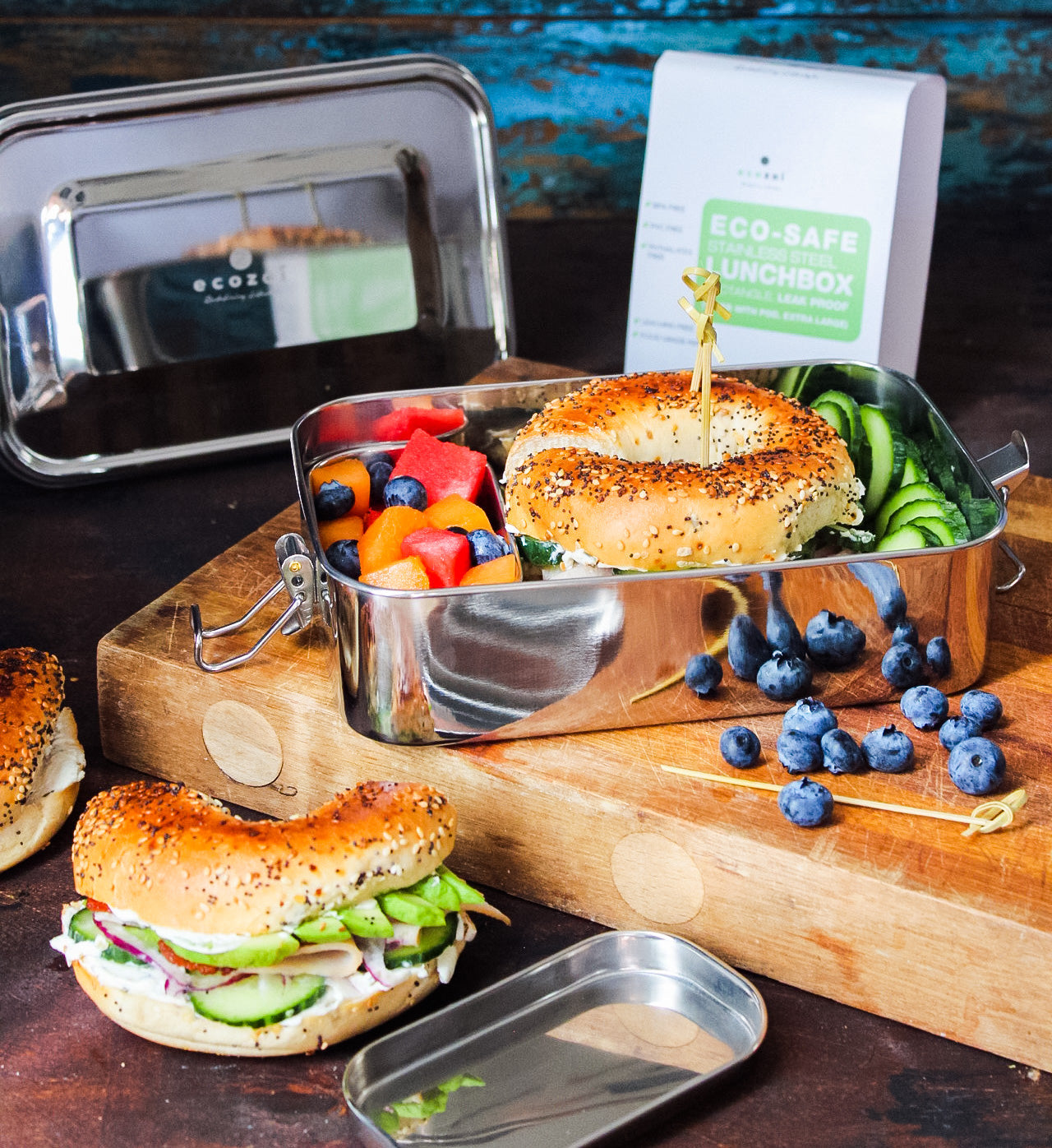 Ecozoi BPA-free stainless steel lunch box with lid closed, showing full exterior design