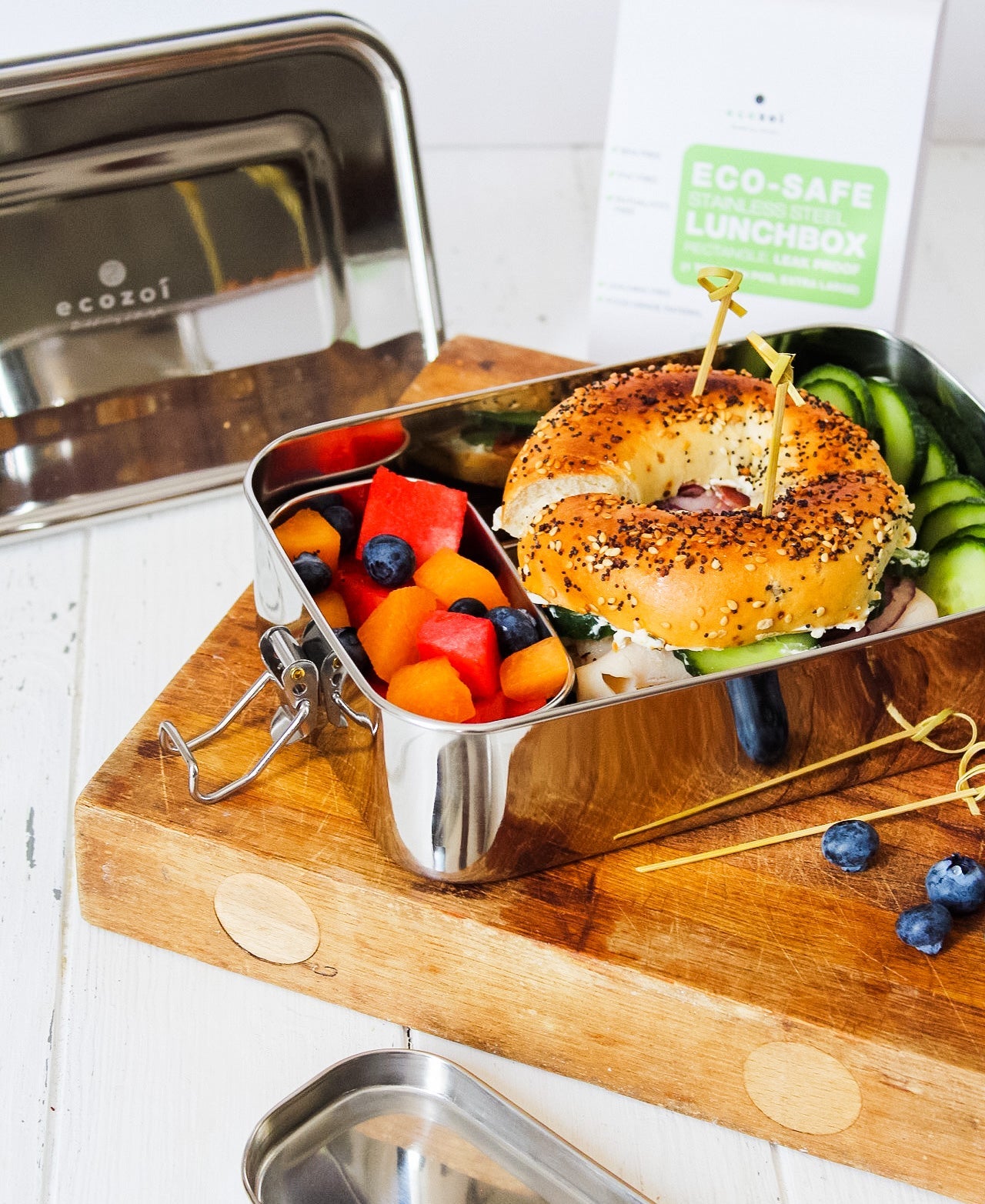 Ecozoi eco-friendly stainless steel lunch box packed with a healthy meal for school or work