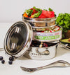 Ecozoi 3-tier stainless steel lunch box stacked and latched shut, ready for school or office use