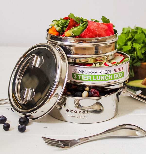 Ecozoi 3-tier stainless steel lunch box stacked and latched shut, ready for school or office use